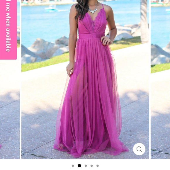 Magenta Tulle Maxi Dress with Lace Detail - Picture 11 of 11
